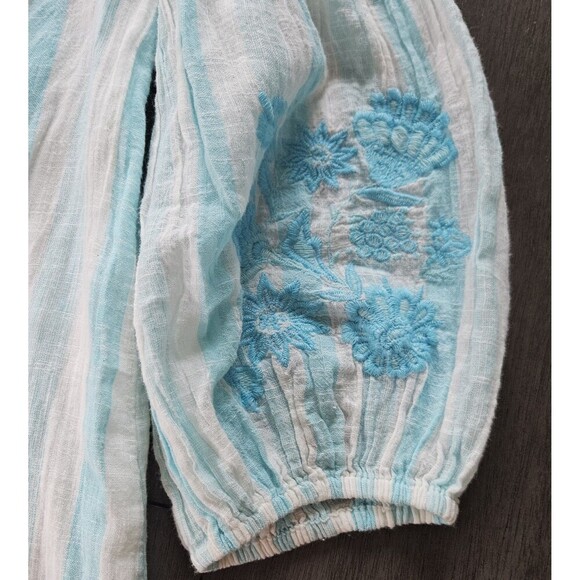 Crown & Ivy Off Shoulder Teal Stripe Mini Dress Balloon Sleeve Embroidered XS - Picture 2 of 10